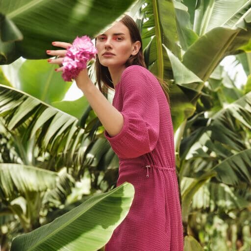 Nachhaltige bio-faire Modefotografie von Frau in pinkem Sommerkleid von Lanius