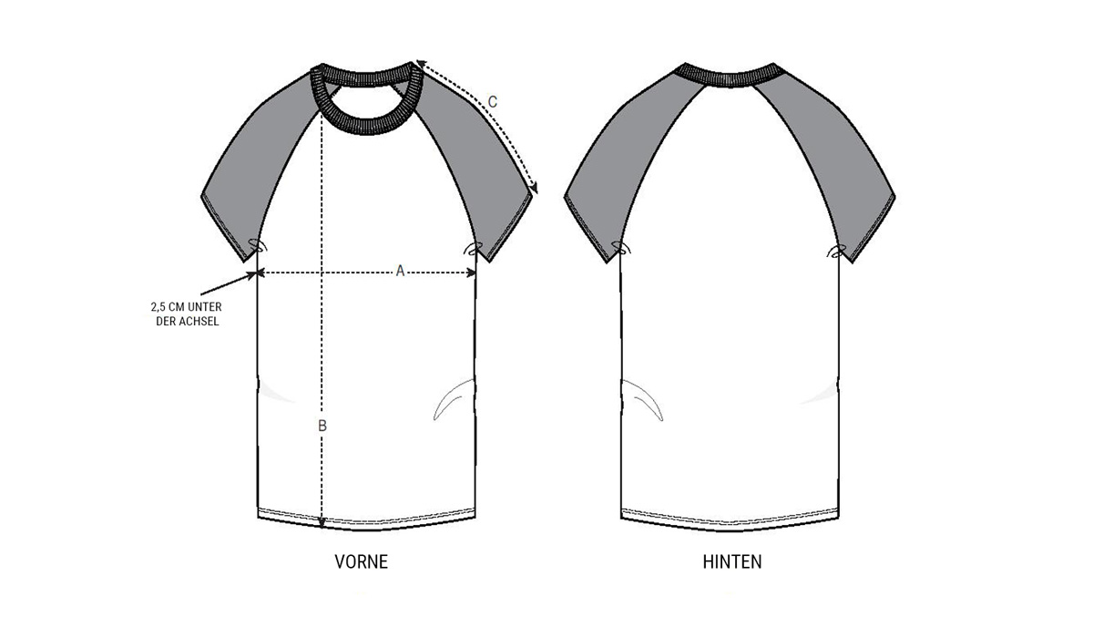 Größentabelle Unisex Shirt mit abgesetzten Ärmeln